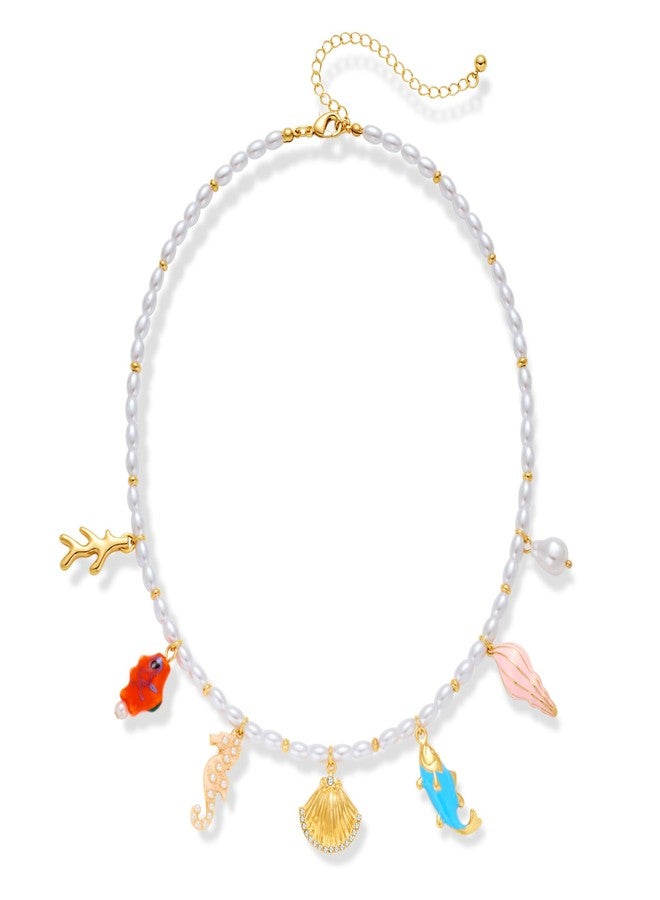FAUTHENTICUTE Summer Pearl Choker Necklaces For Women Multi-colored Coral Conch Shell And Seahorse Fish Charms Cute Beach Necklaces For Women - Image 1